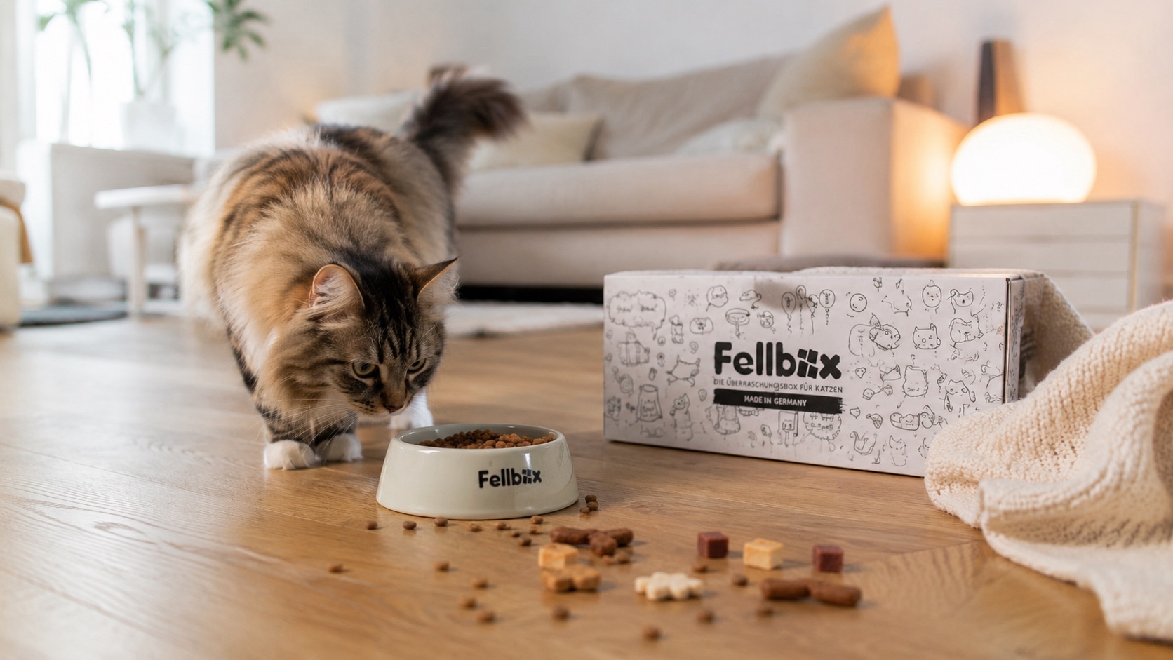 Geöffnete Fellbox Katzen Edition mit Snacks, Spielzeug und Überraschungen